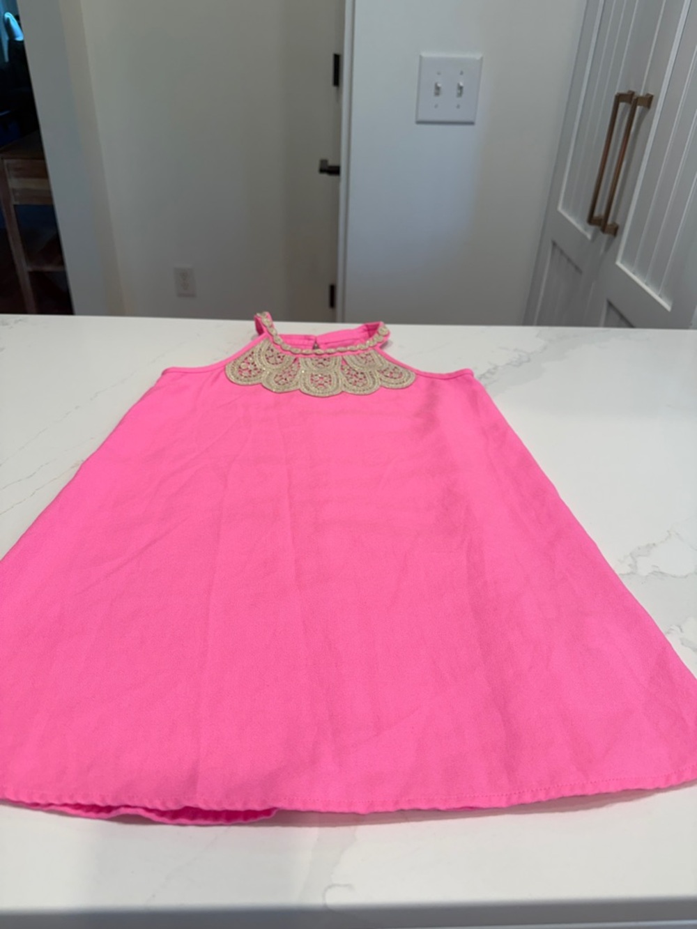 Girls' Bright Pink Halter Dress with Embroidered Neckline